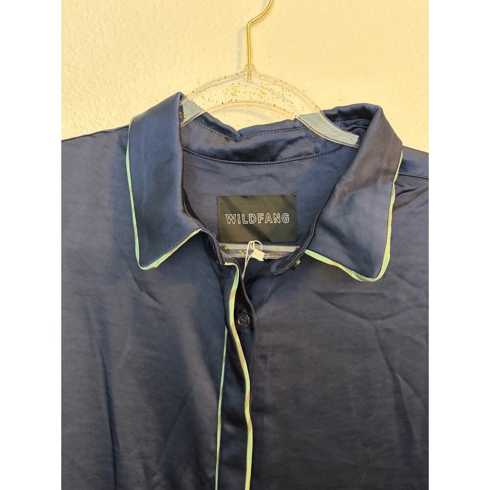 Wildfang The Empower Satin Shirt Dress Navy Blue Green Contrast Trim Medium Mod - Picture 3 of 11